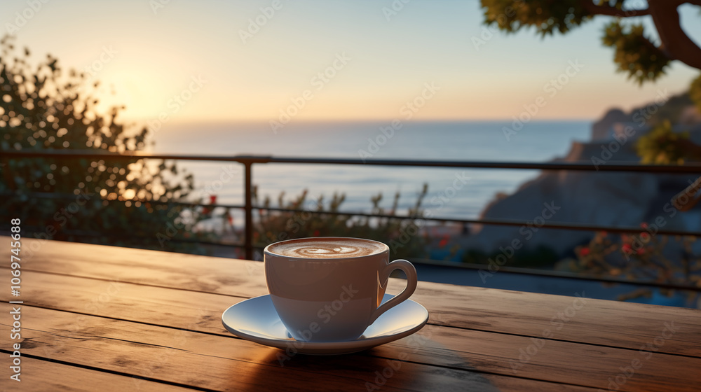 A cup of coffee on the table with an ocean view at sunset. A cup of coffee on the table with an ocean view at sunset.