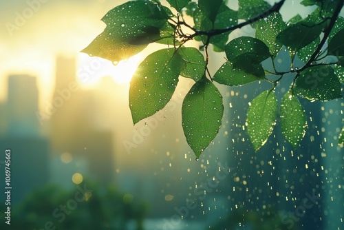 Morning dew on leaves enriching urban landscapes with natural beauty photo