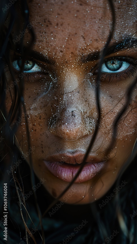 Intense Close-Up Portrait of a Woman with Gritty Makeup and a Determined Look Intense Close-Up Portrait of a Woman with Gritty Makeup and a Determined Look
