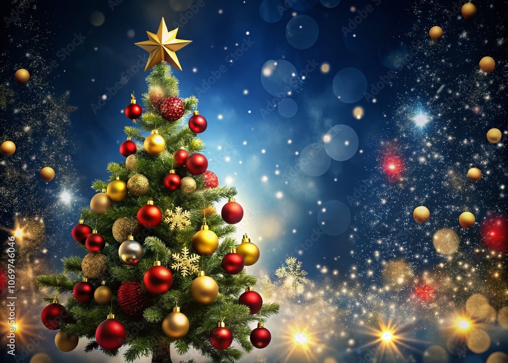 Enchanting Christmas Tree Silhouette with Red and Gold Ornaments, White Stars, and Falling Snow Against a Dark Blue Background with Bokeh Lights for Holiday Decor Enchanting Christmas Tree Silhouette with Red and Gold Ornaments, White Stars, and Falling Snow Against a Dark Blue Background with Bokeh Lights for Holiday Decor