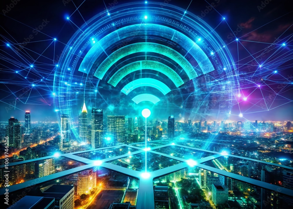 Enchanting Double Exposure of a Glowing WiFi Symbol Merging with a Futuristic Digital Landscape for Technology and Connectivity Representation Enchanting Double Exposure of a Glowing WiFi Symbol Merging with a Futuristic Digital Landscape for Technology and Connectivity Representation