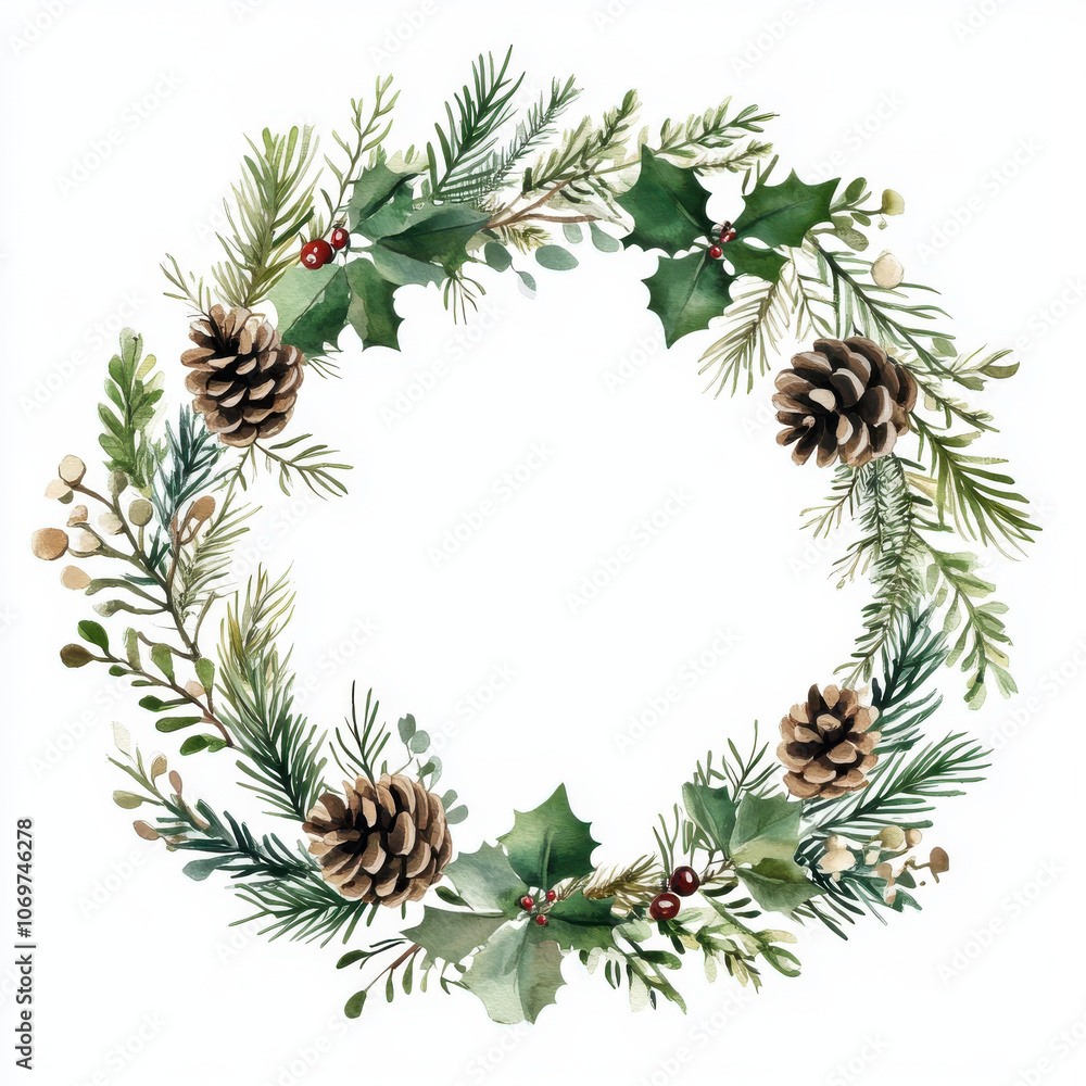 Fototapeta premium festive Christmas wreath with pinecones, holly, and greenery on white background, evoking sense of holiday cheer and natural beauty