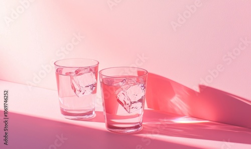  two glasses of water with ice cubes, placed on a pink surface with soft lighting. The shadows create an artistic and minimalistic effect, enhancing the simplicity and elegance of the scene.