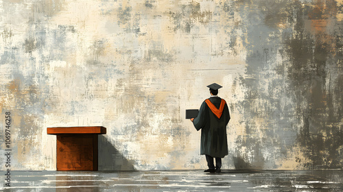 A graduate stands before a blank wall, reflecting on their journey, with a podium nearby, symbolizing accomplishment and future possibilities. photo