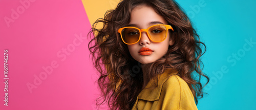 Confident child with curly hair wearing yellow glasses and vibrant background