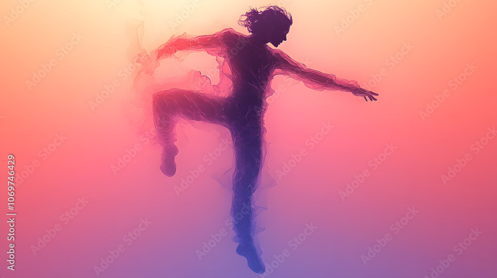 Naklejka premium A dynamic silhouette of a dancer against a gradient background of soft pink and purple hues, capturing the essence of movement and creativity.