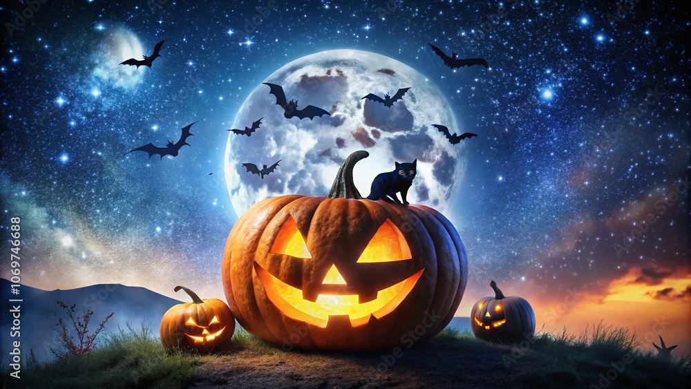 Enchanting Halloween Scene Featuring Double Exposure of a Jack-o'-lantern with Cats and Bats Silhouetted Against a Night Sky of Deep Blue Tones and Starry Background Enchanting Halloween Scene Featuring Double Exposure of a Jack-o'-lantern with Cats and Bats Silhouetted Against a Night Sky of Deep Blue Tones and Starry Background