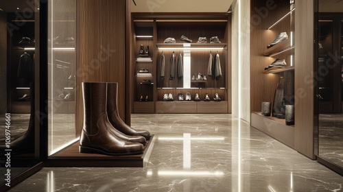 Luxury leather boots, polished finish, displayed in modern high-end store 