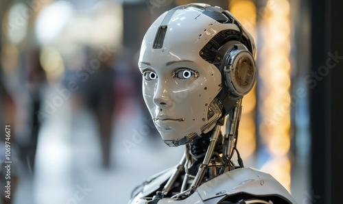 a humanoid robot with detailed features, including mechanical joints and sensors.
