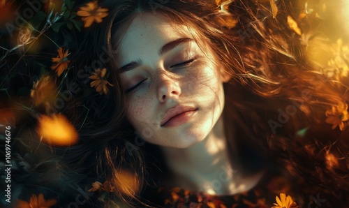 a young woman with her eyes closed, surrounded by flowers and leaves. The warm lighting creates a dreamy, serene, and peaceful atmosphere