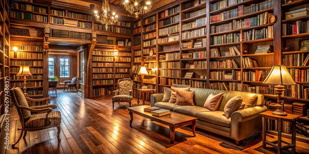 Enchanting Long Exposure of a Cozy Library with Neatly Arranged Books on Wooden Shelves, Capturing the Warmth and Charm of a Serene Reading Space Enchanting Long Exposure of a Cozy Library with Neatly Arranged Books on Wooden Shelves, Capturing the Warmth and Charm of a Serene Reading Space
