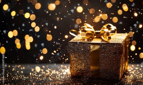 a glittery golden gift box with a shiny ribbon, set against a background of bokeh lights, creating a festive and celebratory atmosphere.