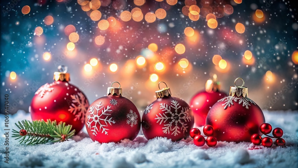 Enchanting Low Light Photography of Red Baubles and Snowflakes in a Snowy Christmas Wonderland for Festive Celebrations Enchanting Low Light Photography of Red Baubles and Snowflakes in a Snowy Christmas Wonderland for Festive Celebrations