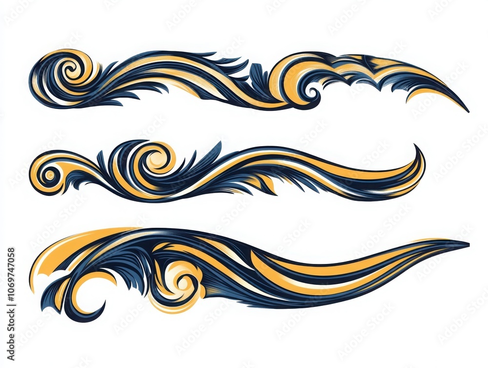Fototapeta premium Decorative swirl designs vibrant colors white isolated background.