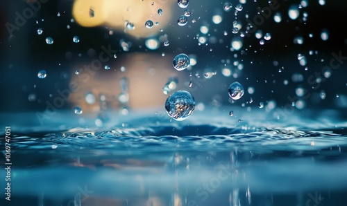  water droplets splashing on a surface, captured in mid-air. The focus is on the detailed droplets, with a blurred background, creating a serene and dynamic scene