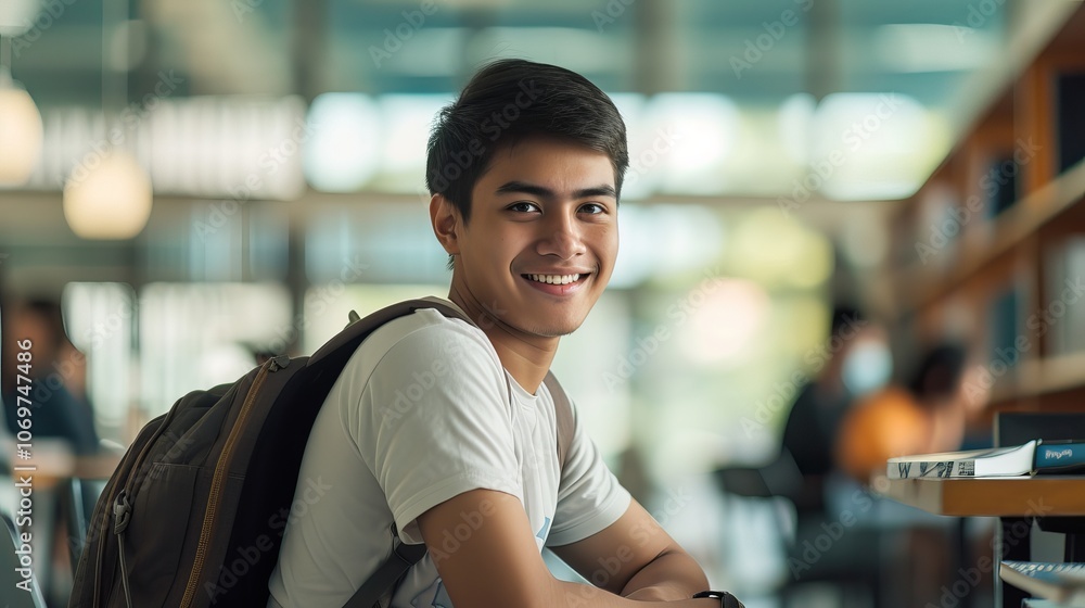 A young man smiles brightly while sitting in a library. A young man smiles brightly while sitting in a library.