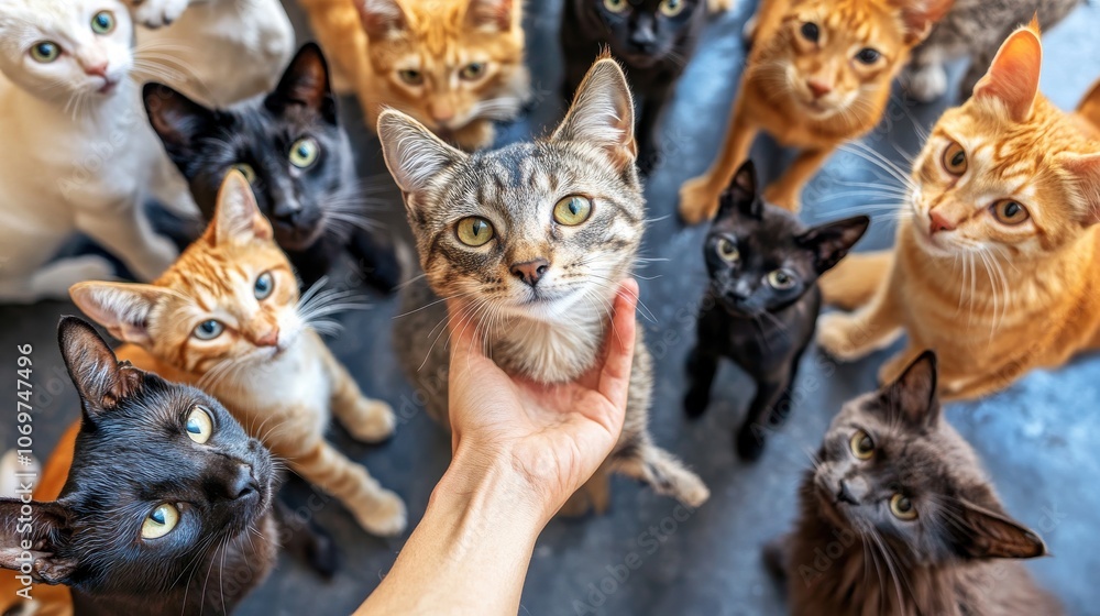 Group of curious cats looking up Group of curious cats looking up