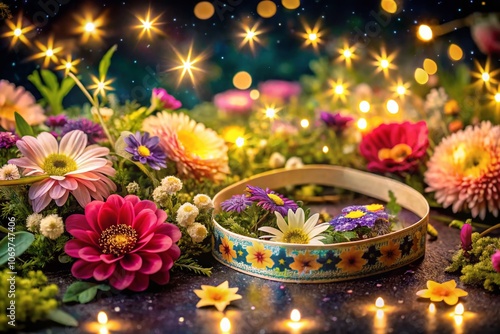 Enchanting Night Photography of Cute Flower Tape Strip in a Dreamy Garden Setting with Soft Glow and Starry Background for a Whimsical Aesthetic