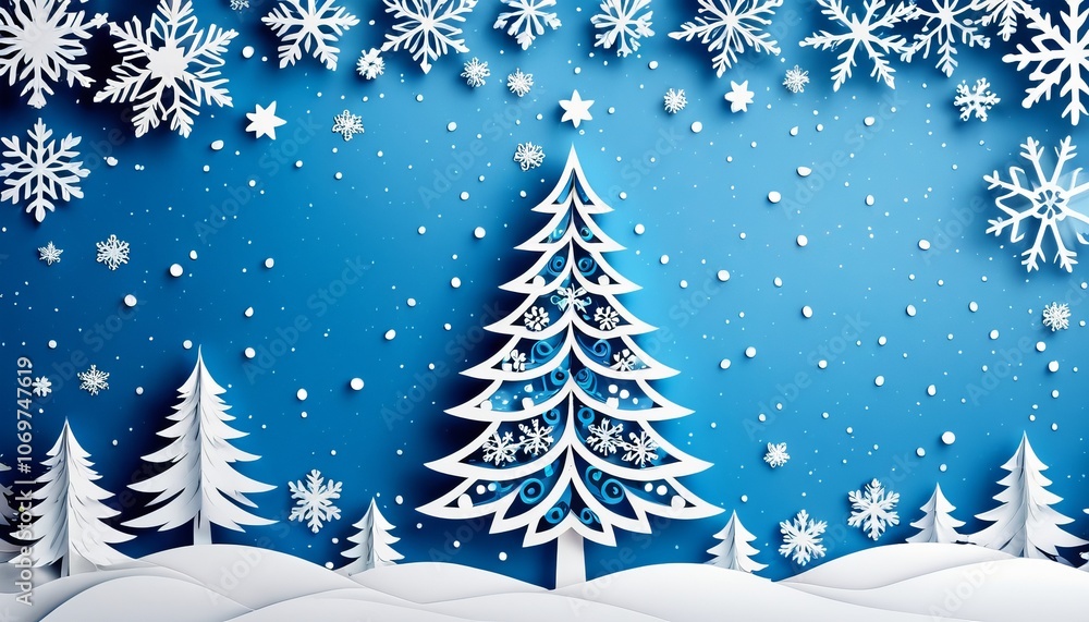 Paper cut winter wonderland with snowflakes and christmas trees in tranquil blue sky Paper cut winter wonderland with snowflakes and christmas trees in tranquil blue sky