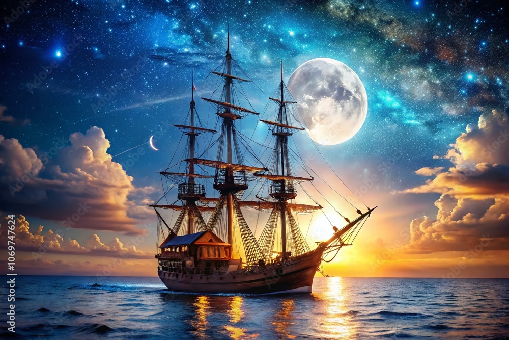 Fototapeta premium Enchanting Pirate Ship Sailing Under the Moonlight on a Starry Ocean Night – A Captivating Macro Photography Perspective