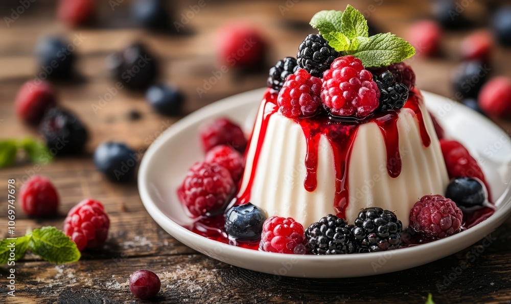 a plate of panna cotta topped with a variety of fresh berries, such as raspberries, blackberries, and blueberries. a plate of panna cotta topped with a variety of fresh berries, such as raspberries, blackberries, and blueberries.