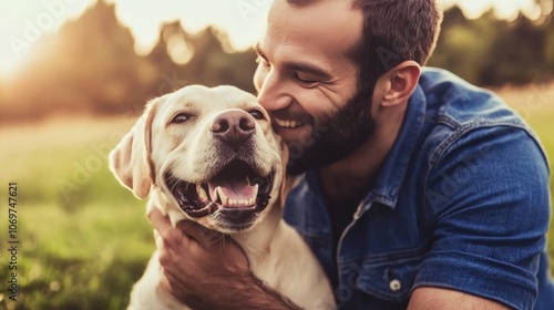 Man and dog sharing a joyful moment with a sunset backdrop