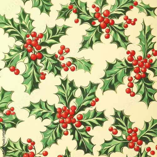 Festive Christmas pattern with red and green holly leaves and berries
