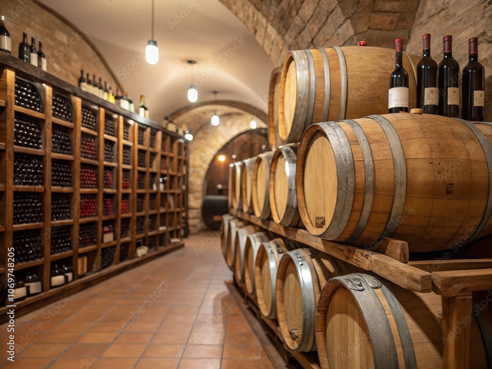 Enchanting Wine Cellar with Rustic Barrels and Elegant Bottles in a High Depth of Field Setting, Perfect for Wine Enthusiasts and Connoisseurs Seeking Atmospheric Stock Photography Enchanting Wine Cellar with Rustic Barrels and Elegant Bottles in a High Depth of Field Setting, Perfect for Wine Enthusiasts and Connoisseurs Seeking Atmospheric Stock Photography