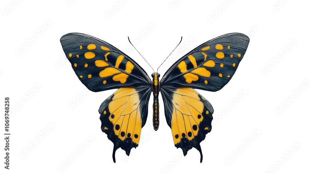 Obraz premium A black and yellow butterfly with wings spread wide.