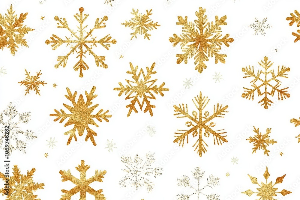 Gold snowflakes seamless pattern on white background. Elegant winter design with repeating snowflake motifs. Gold snowflakes seamless pattern on white background. Elegant winter design with repeating snowflake motifs.