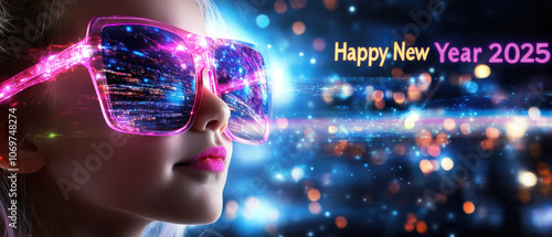 Child wearing oversized pink sunglasses, celebrating New Year 2025 with joy and excitement