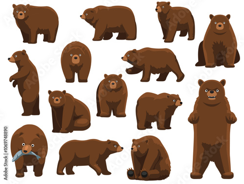 Grizzly Bear Standing Various Poses Cute Cartoon Vector Character