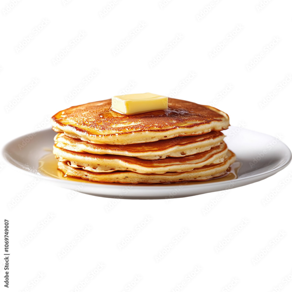 A stack of golden pancakes topped with a pat of butter, served on a white plate with a drizzle of syrup. A stack of golden pancakes topped with a pat of butter, served on a white plate with a drizzle of syrup.