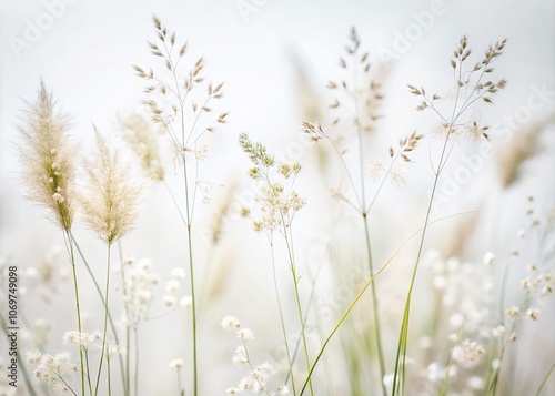 Ethereal Foreground Grass Blossoms Against a Pristine White Background, Capturing the Delicate Beauty of Nature's Flora in a Minimalist Conceptual Photography Style