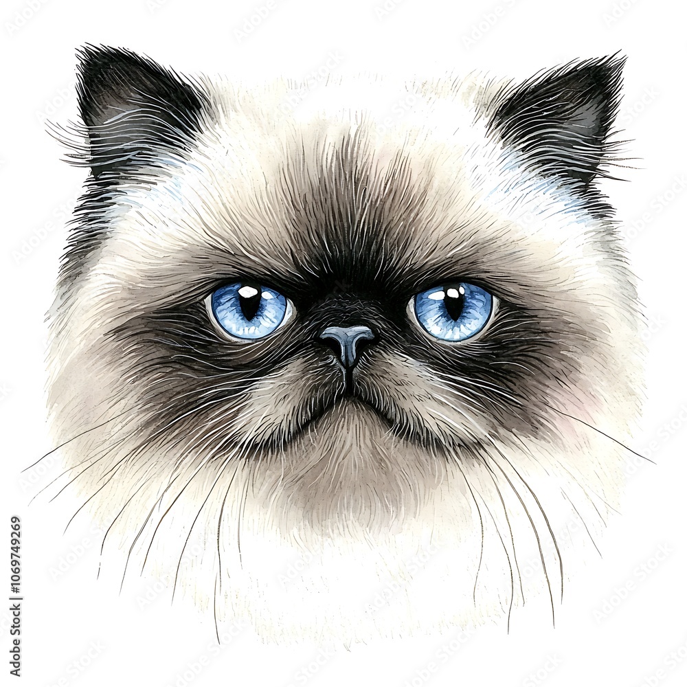 Watercolor Illustration of a Grumpy Persian Cat with Blue Eyes. Watercolor Illustration of a Grumpy Persian Cat with Blue Eyes.