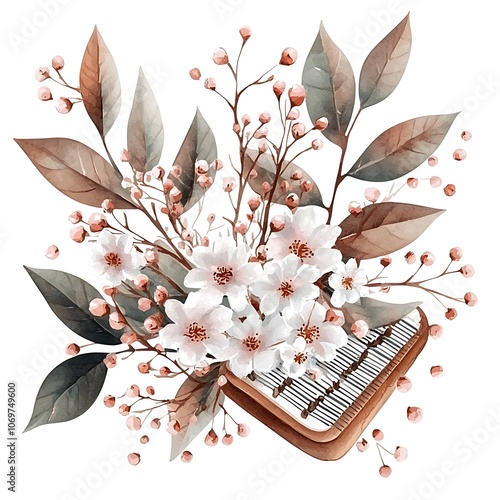 Watercolor Floral Arrangement with Wooden Piano Keys.