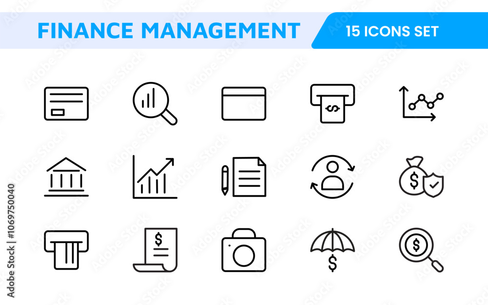 Finance Management Icon Set. Professional and sleek icons for budgeting, expense tracking, and investment management, ideal for finance apps. Finance Management Icon Set. Professional and sleek icons for budgeting, expense tracking, and investment management, ideal for finance apps.