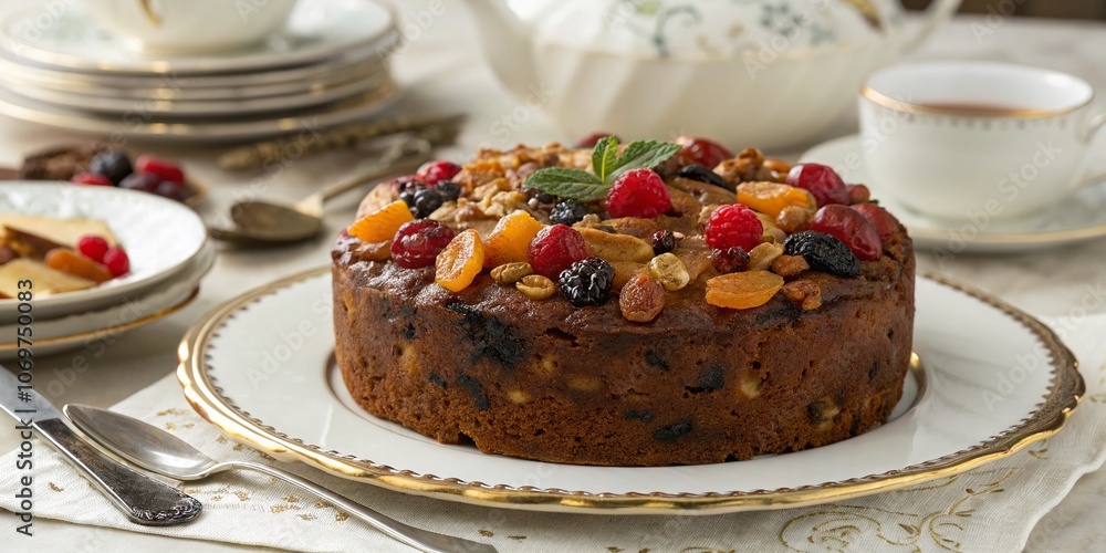 Exquisite Fashion Photography Featuring a Delicious Dried Fruit Cake, Perfectly Styled with Elegant Table Settings and Natural Lighting for Culinary Artistry and Gourmet Indulgence Exquisite Fashion Photography Featuring a Delicious Dried Fruit Cake, Perfectly Styled with Elegant Table Settings and Natural Lighting for Culinary Artistry and Gourmet Indulgence