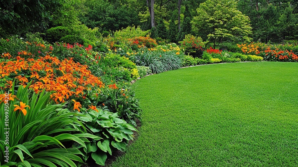 Obraz premium Lush Green Lawn with Orange Flowers and Foliage