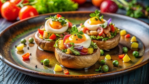 Exquisite Mushroom Stuffed with Fresh Vegetables and Egg Served Elegantly in a Restaurant: A Culinary Delight Showcasing Food Styling and Meal Presentation