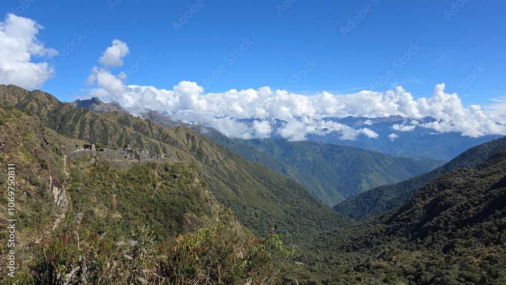 Fototapeta premium Sayacmarca, lost Inca miliary fortress located along the Inca Trail to Machu Picchu. It was never discovered due to its hidden location in the Andes.