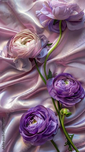 Purple ranunculus flowers on satin fabric, elegant floral background. Nature and elegance concept