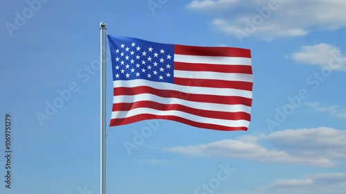 Waving USA flag on pole against blue sky