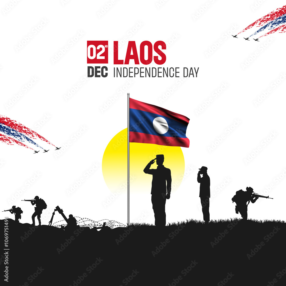 Happy Independence Day! Laos with the Laos flag and the Laos Army and soldier salute of their flag illustration design. Happy Independence Day! Laos with the Laos flag and the Laos Army and soldier salute of their flag illustration design.