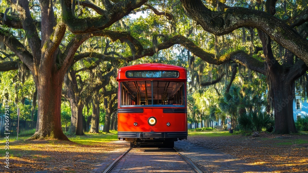 Obraz premium Retro red tour bus or trolley parked under beautiful live oaks in Charleston South Carolina