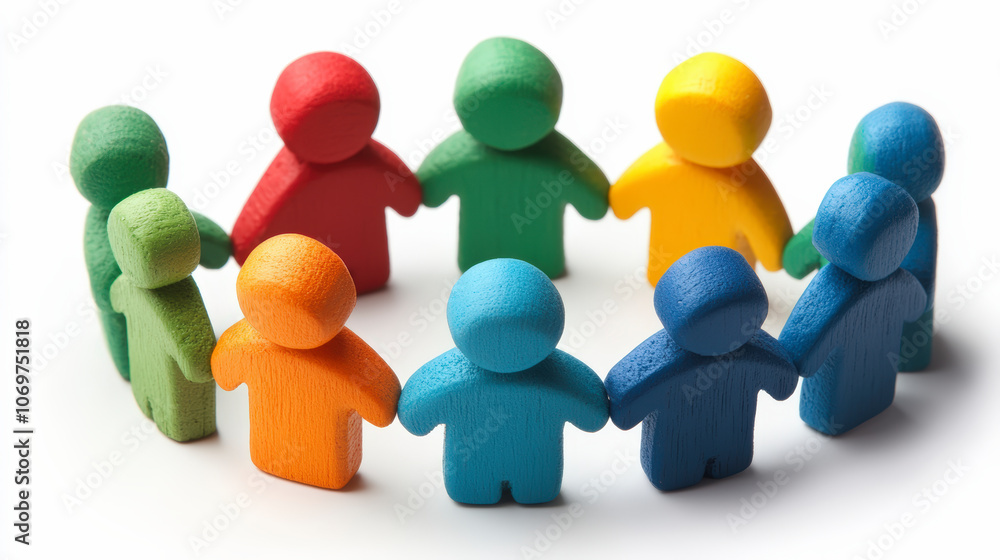 Colorful wooden figures stand in a circle, symbolizing unity and teamwork, illustrating collaboration and diversity with vibrant colors on a white background. Colorful wooden figures stand in a circle, symbolizing unity and teamwork, illustrating collaboration and diversity with vibrant colors on a white background.