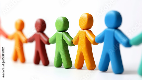 Colorful clay figures holding hands in a line, symbolizing unity, diversity, and teamwork against a plain white background.