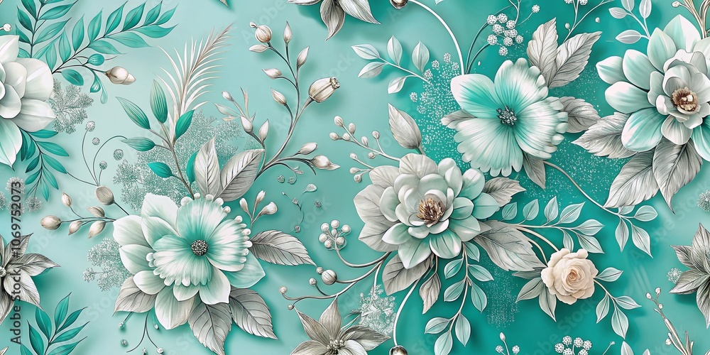 Fototapeta premium Floral Double Exposure Pattern with Silver Contours on Light Turquoise Background for Prints, Posters, Banners, Invitations, and Beauty Product Designs