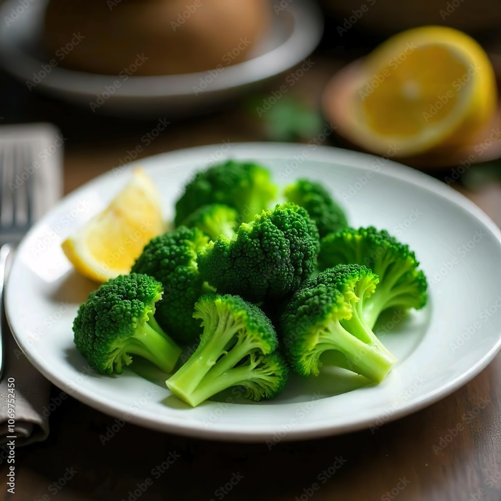 On a white plate are broccoli florets and a lemon wedge On a white plate are broccoli florets and a lemon wedge
