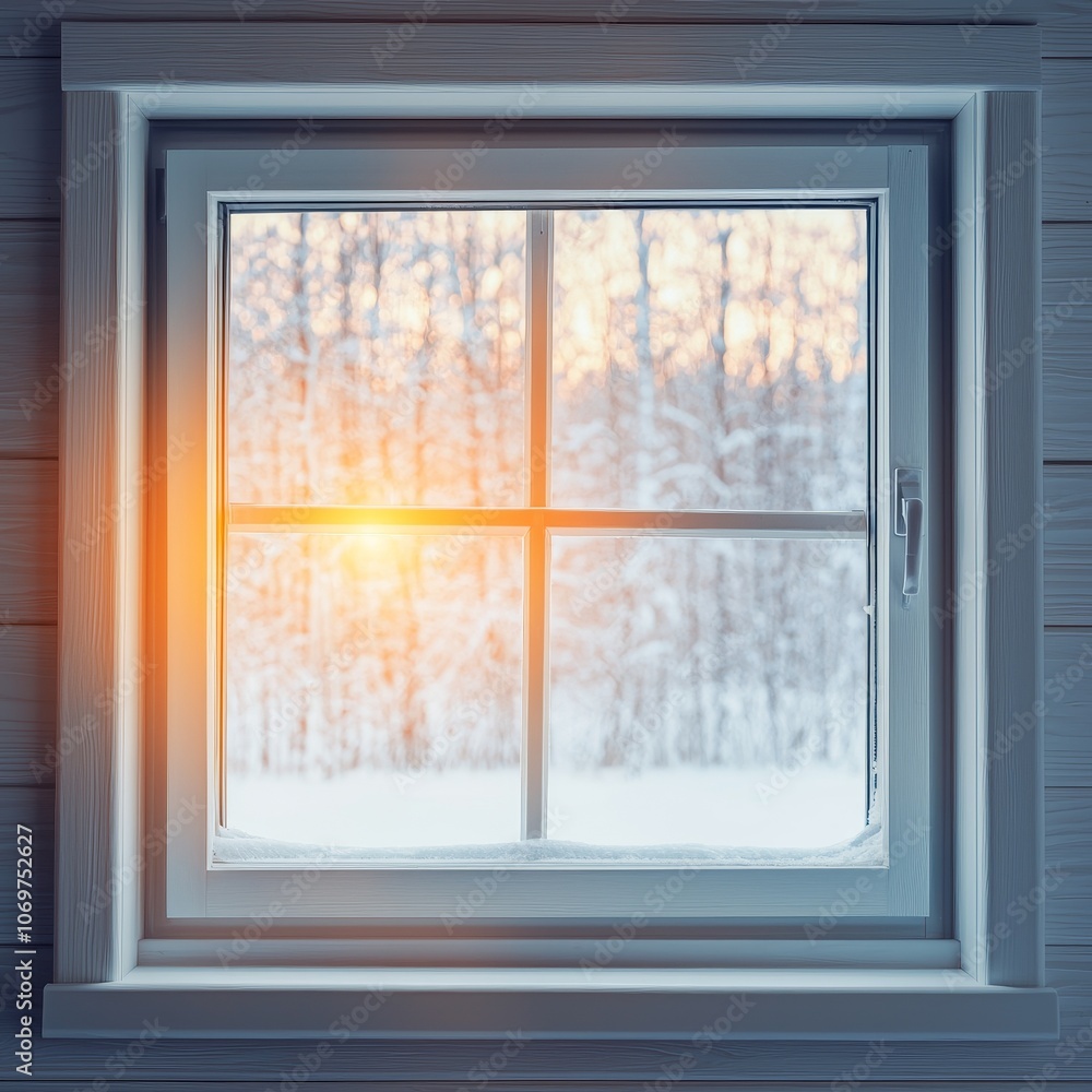 Obraz premium A cozy winter scene framed by a window, showcasing soft sunlight filtering through snowy trees outside.